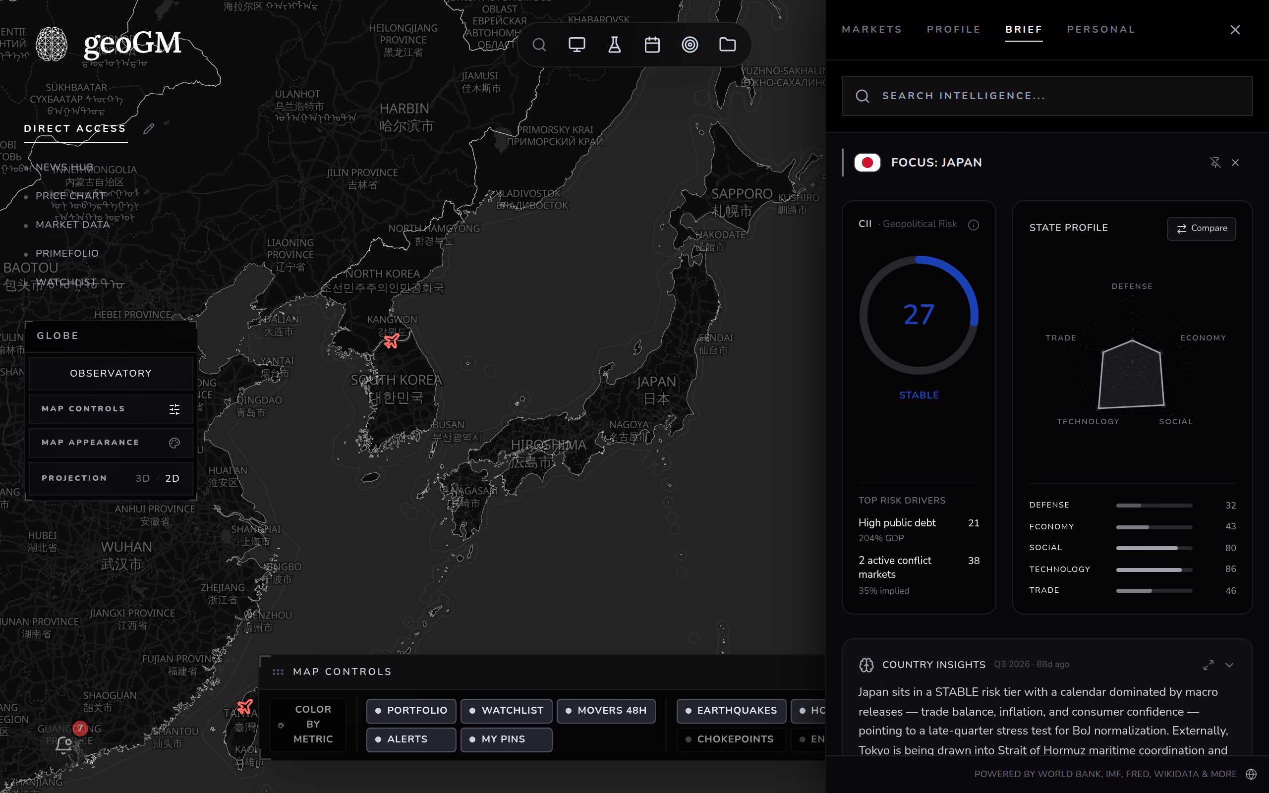 A country's risk in GeoHub, with the map controls to pin the portfolio